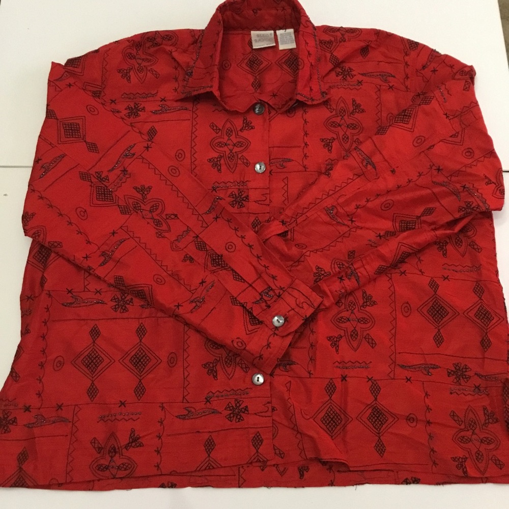 Blue Bayou Women’s Vintage 100% Silk Beaded Red Jacket Shirt Size XL - Picture 2 of 9
